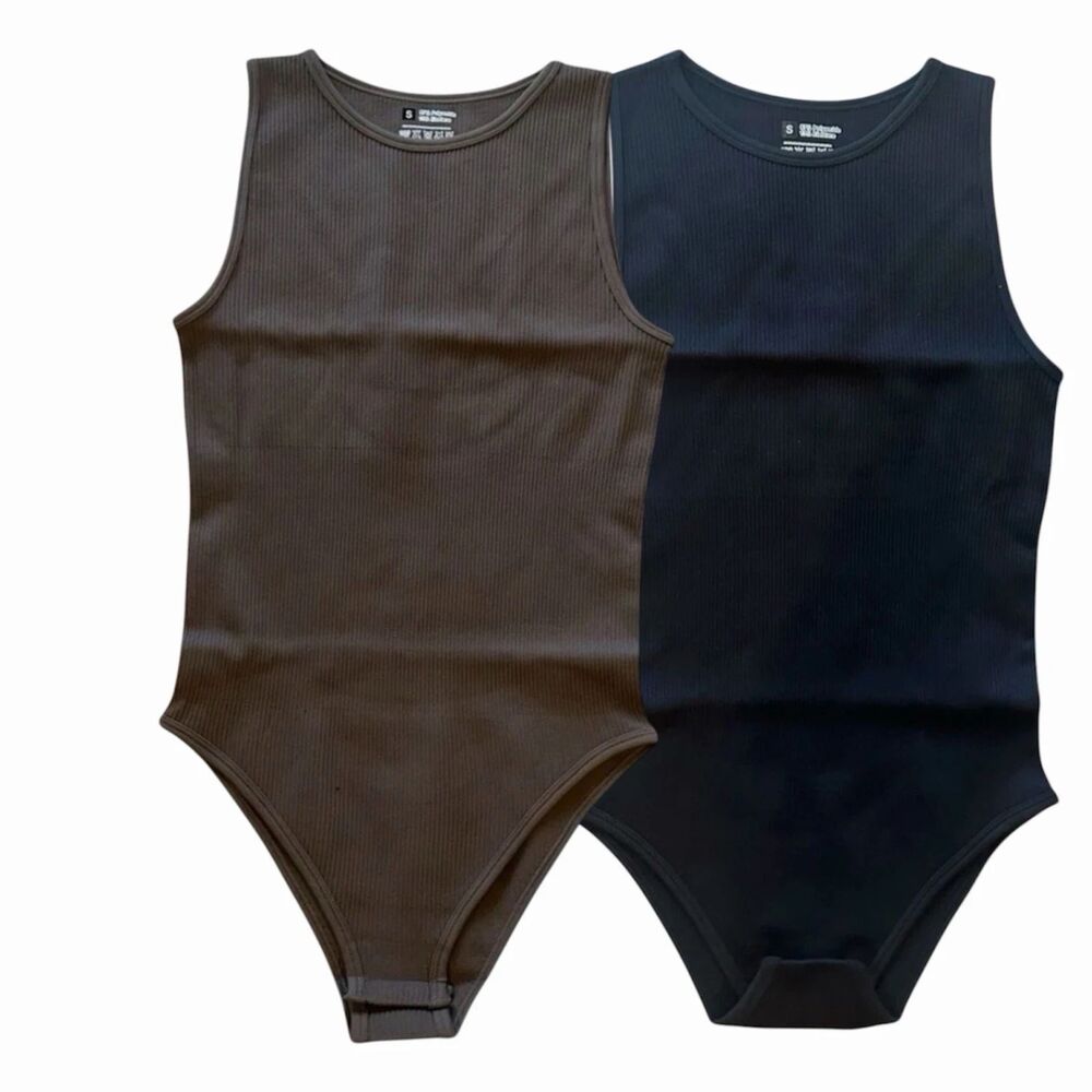 Lot of 2 Women's Size S Bodysuits Ribbed Shapewear Nylon Stretch Brown & Black